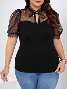 SHEIN Clasi Plus Size Women's Summer Mesh Contrast Tie Neck Puff Sleeve T-Shirt