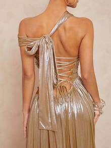 Lumalex Winter Fall Golden Goddess Style Asymmetrical Drawstring Backless Waist Cinched Metallic Striped Maxi Swing Dress For Women Gold Long Dress Metallic Dresses For Women Shiny Dress Champagne Evening Gown Satin Long Dress Glamour Elegant Dress Fall New Style Women Luxury Prom Gathering Party Banquet Modest Old Money Coquette Glitter Holiday Party Rave Festival Outing Vacation Hot Outdoor Richly Layered Wedding Season Banquet Christmas New Year Chic Autumn Fall New Style Women Gala Night Delicate Romance Open Back Dresses PartyMustHave