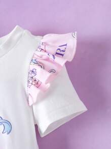 Pop Mart Azura X SHEIN Baby Girl Cartoon Graphic Dreamy White Cute Casual Short Sleeve T-Shirt With Colorblock Tulle Skirt, Princess Style