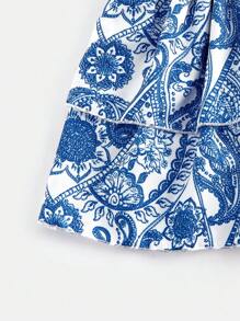 Tween Girls' Casual Vacation Blue & White Printed Layered Ruffle Hem Dress - Blue and White - View 4