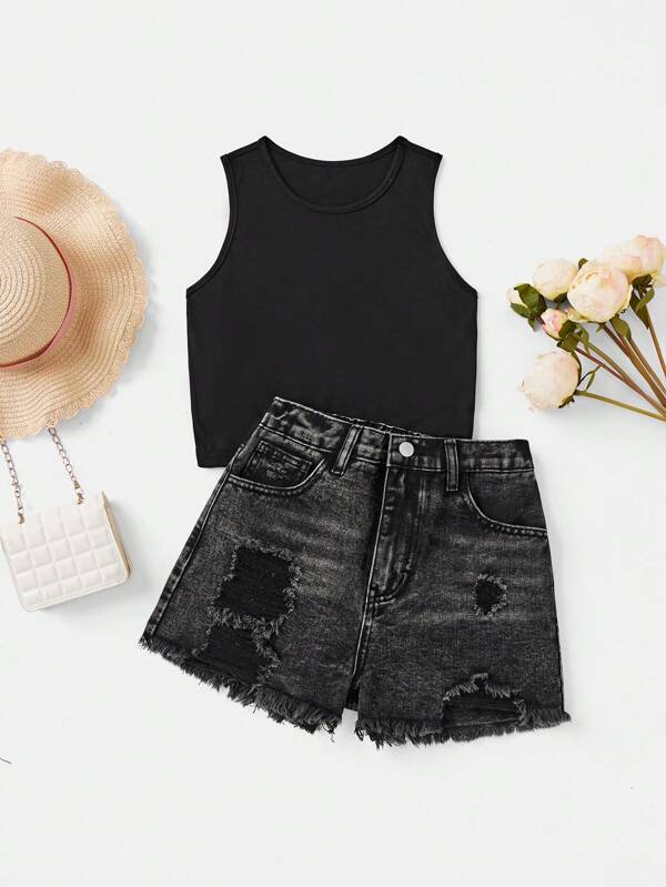 SHEIN Set aus einfarbigem Strick-Tank Top und Jeansshorts im Used-Look für Teenager-Mädchen, Sommer- und Boho-Outfits, Sommer-Set für Mädchen