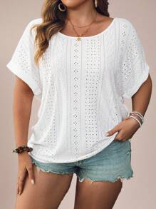 SHEIN VCAY 加大码度假岛海滩夏季白色提花针织宽松露背T恤白色上衣可爱夏季上衣串珠上衣女士夏季复活节女士节日伊比沙岛纳什维尔伊比沙岛休闲波西米亚牛仔早午餐女士上衣