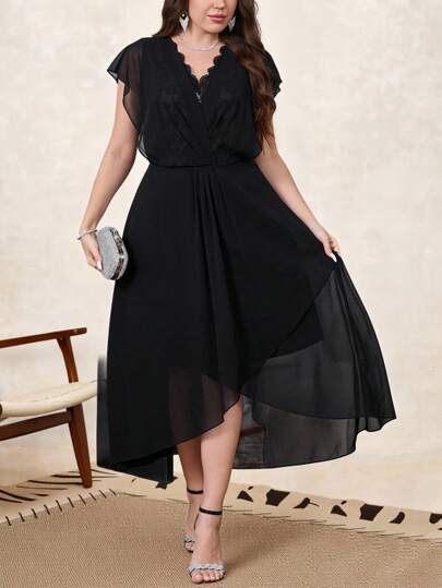 SHEIN Clasi Curved Plus Size Women's Black Lace Wave V-Neck Romantic Chiffon Waist Cinched Long Dress,Summer/Spring,Vintage,Vacation,Valentines Clothes,Dresses For Women Elegant,Birthday Outfits For Women,Wedding Guest Dress Women,Modest Dresses For Women,Classy Outfits For Women,Elegant Dress For Wedding