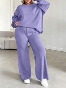 EURMUSE 2pcs Plus Size Solid Color Long Sleeve Sweater Top And Pants Set - Lilac Purple - View 4