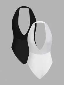 SHEIN EZwear 2pcs/Set Summer New Deep V-Neck Backless Tight-Fitting Tops, Sexy Casual Simple Style Women Clothing - Black and White - View 2