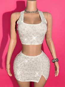 Slaydiva 2025 Summer New Sexy Elegant Romantic Sequin Spaghetti Strap Camisole Top + Slit Mini Skirt Set, Suitable For Music Festivals, Sexy Street, Graduation Season, Western Nomadic, Bohemian Style, Daily Outings, Motorcycle Sports, Clubs, Hot Girls, Birthday Parties, Student Fashion, Basic Versatile, Casual, Vacation, Cruise Travel, Beach, Sunbathing, Viral Hit, Party Gatherings - A - White - View 4