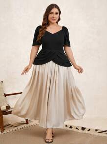 Chikora 曲线美大码女式浪漫优雅日常甜心领泡泡短袖拼接缎面缎面料腰部 A 字长裙、毕业礼服、女式婚礼宾客礼服、飘逸连衣裙、女士夏季服装、女士夏季礼服、夏季礼服、女士毕业礼服、女士度假服装、女士生日礼服、度假礼服、女士节日服装、女士生日服装、女士端庄礼服、大码夏季礼服、茶会礼服、外出、鸡尾酒会礼服 - 黑與白 - 查看 5