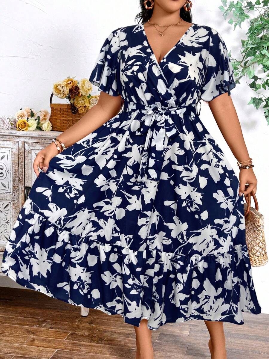 SHEIN Plus Size Holiday Floral Print Dress Maxi Women Outfit - Navy Blue - View 1