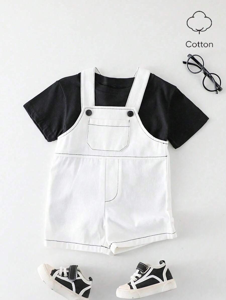 SHEIN Infant Boys' Casual Chic Plain White Cargo Romper, Minimalist Style, Comfortable & Versatile For Outings And Daily Wear, Suitable For Spring/Summer - White - View 1
