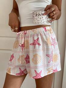 Aloruh Women's Low Waist Short Starfish Printed Shorts, For Spring & Summer Holiday