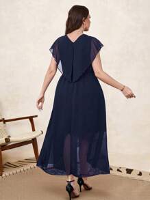 SHEIN Clasi Plus Size Women Solid Color Contrast Lace Batwing Sleeve Elegant Dress - Navy Blue - View 2