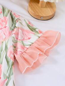 青少年女孩粉色简约时尚全印花郁金香花卉印花荷叶边下摆长款睡衣/睡袍返校时尚 - 彩色 - 查看 6