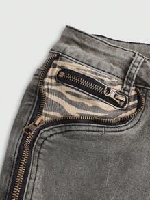 ROMWE Avant Jeans pitillo de tiro súper bajo con diseño cruzado de estampado de cebra y parches, estilo vintage Y2K de mujer