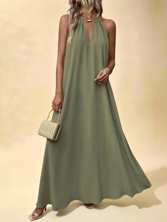 Vesra Kvinnor Beach Summer Simple Solid Keyhole Neckline Backless Halter Dress Maxi Vacation Beach Outfit