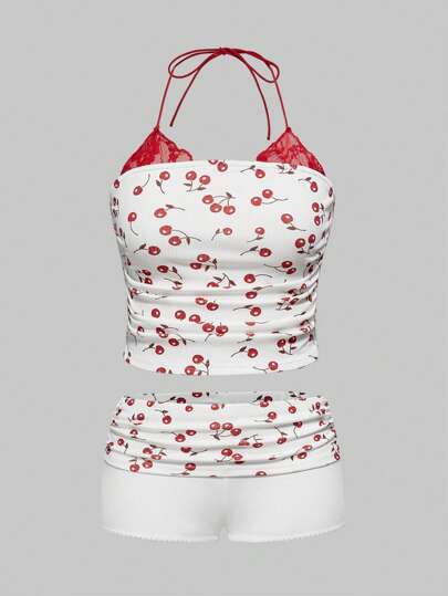 ROMWE Avant مجموعة حجم كبير: 2 قطعة ملابس علوية كامي بحمالات رفيعة وشورت، إطلالة صيفية عصرية