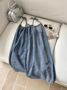 SHEIN Tween Girls Summer Boho Comfortable Simple Base Bowknot Loose Fit Blue Denim Jumpsuit Overalls Shorts For Tween Girl Clothes Girls Costume Dailywear And Girls Summer And Spring Clothes - Medium Wash - View 3