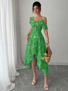 Elenzga Vestido de vacaciones con estampado floral y volantes asimétricos para mujeres - Verde - Ver 5