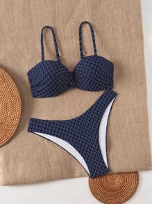Swim Lushoire Women Textured Beach Vacation Two Pieces Bikini Set Set, Bustier Bikini For Summer