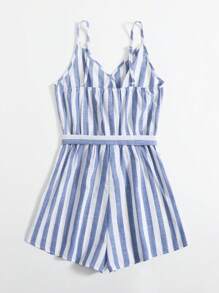 SHEIN Teen Girls Two Tone Striped Surplice Neck Belted Slip Romper
