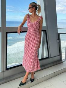 Strévra Rochie midi în carouri roșii pentru femei, cu bretele spaghete, model coadă de pește, ținute de plajă, haine pentru întoarcerea la școală