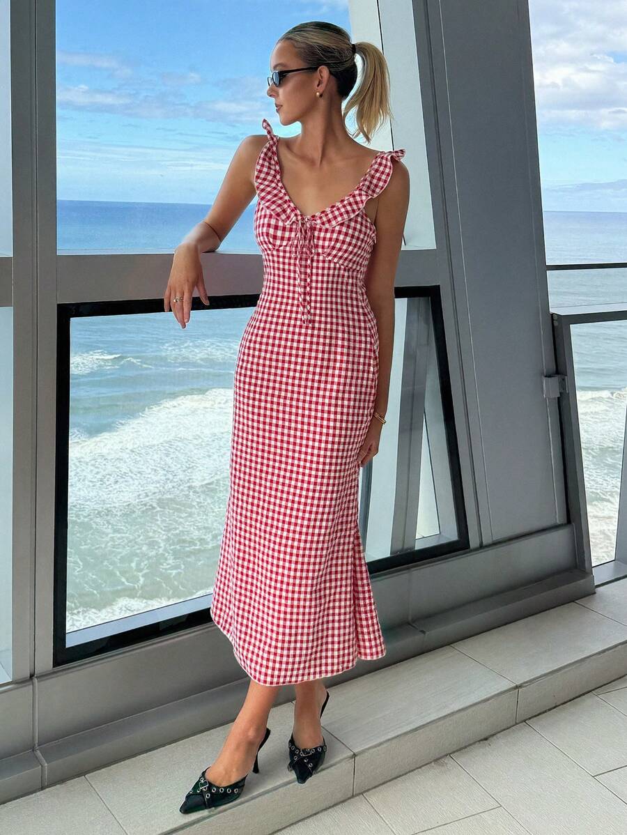 Strévra Rochie midi în carouri roșii pentru femei, cu bretele spaghete, model coadă de pește, ținute de plajă, haine pentru întoarcerea la școală