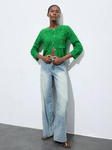 Maija 2025 Nouvelle arrivée automne/hiver Jour de l'Indépendance Jour de Pâques Cardigan à boutons devant polyvalent et chic avec design floral en dentelle ajourée verte, tricot minimaliste Top de gamme, essentiel pour la maison, le bureau, l'extérieur, les vacances, les festivals de musique, la fête des mères, les sorties, les fêtes, les voyages, Noël, Halloween - Vert - Voir 4