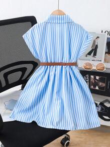 SHEIN Elladie kids 女童春季宽松梭织蝙蝠袖粉色条纹领前扣衬衫裙，配时尚腰带，舒适休闲，适合日常穿着和度假 - 淺藍色 - 查看 2