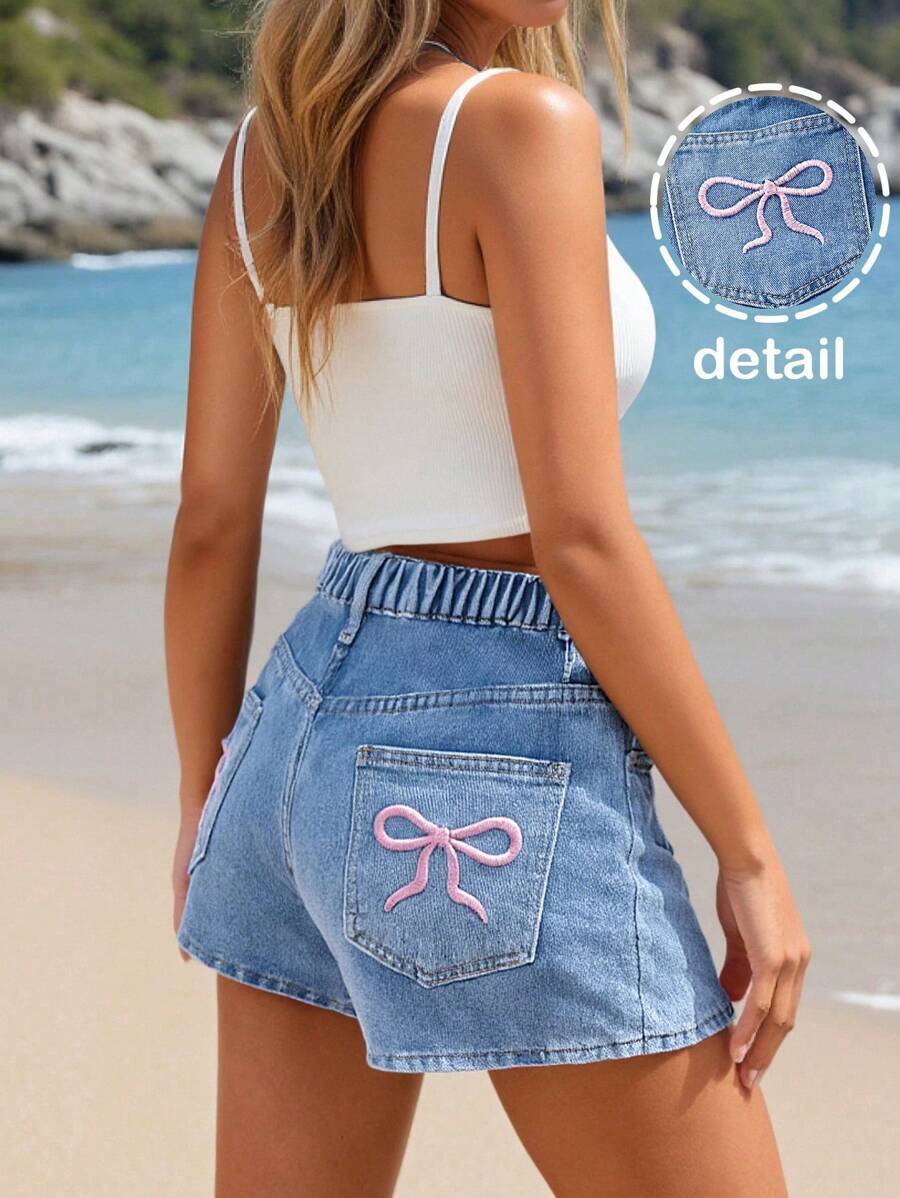 SHEIN Teen Girl Casual Cute Bow Embroidered Denim Shorts, Denim Shorts With Bow Detail,Tops, School, Campus, College - Medium Wash - View 1