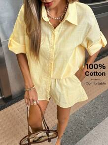 Siren Gaze 女士奶油黄短裤套装 - 2025 夏季棉质休闲两件套：卷边短袖衬衫和短裤，海滩度假必备品，透气机场装，商务休闲办公装女士夏装套装夏季短裤套装 2 件短套装女士亚麻短裤套装 Co Ord 套装夏季 - 黃色 - 查看 2