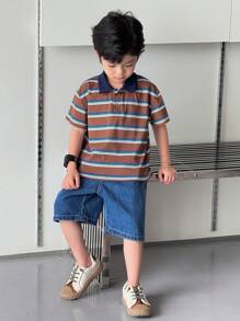 SHEIN 男童休闲拼布马球领条纹短袖T恤