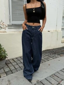 Muchica Plus Size Women Casual Loose Fit Letter Graphic Pocket Wide Leg Jeans - Blue - View 5