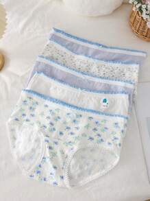 5pcs/Set Girls' Floral Print Soft Comfortable Briefs Underwear Set, Simple & Stylish Blue Color
