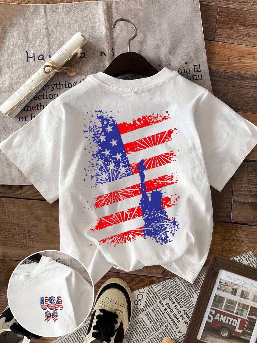 INAWLY Women's Regular Fit Round Neck Short Sleeve T-Shirt With Statue Of Liberty Print - White - View 1