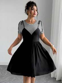 Elenzga Plus Size Loose Fit Short Sleeve 2 In 1 Dress - Black - View 1