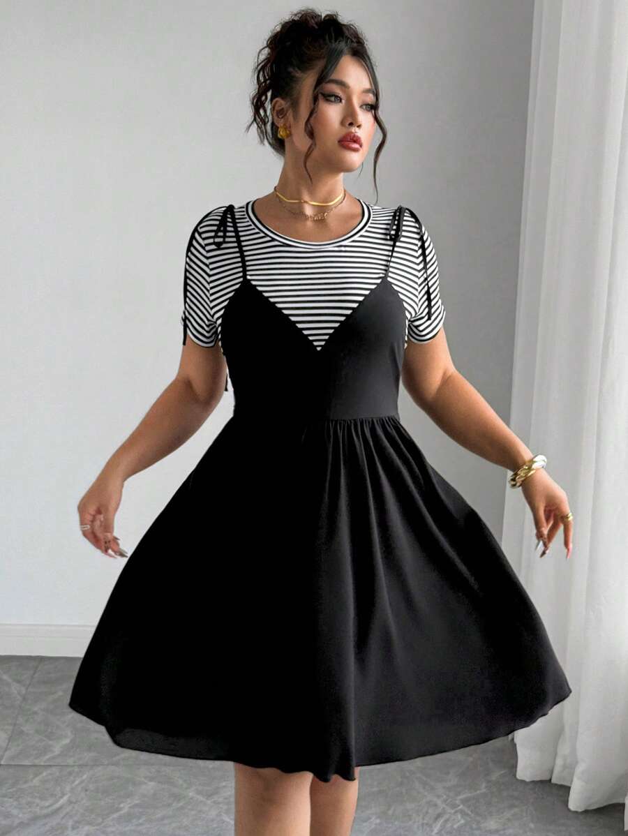 Elenzga Plus Size Loose Fit Short Sleeve 2 In 1 Dress - Black - View 1