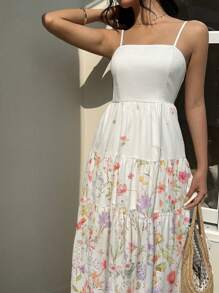 Vestido  de color albaricoque claro, con tela texturizada, top de tubo plisado, cintura ancha y holgada, con tirantes finos, estilo relajado para vacaciones. - Blanco - Ver 5