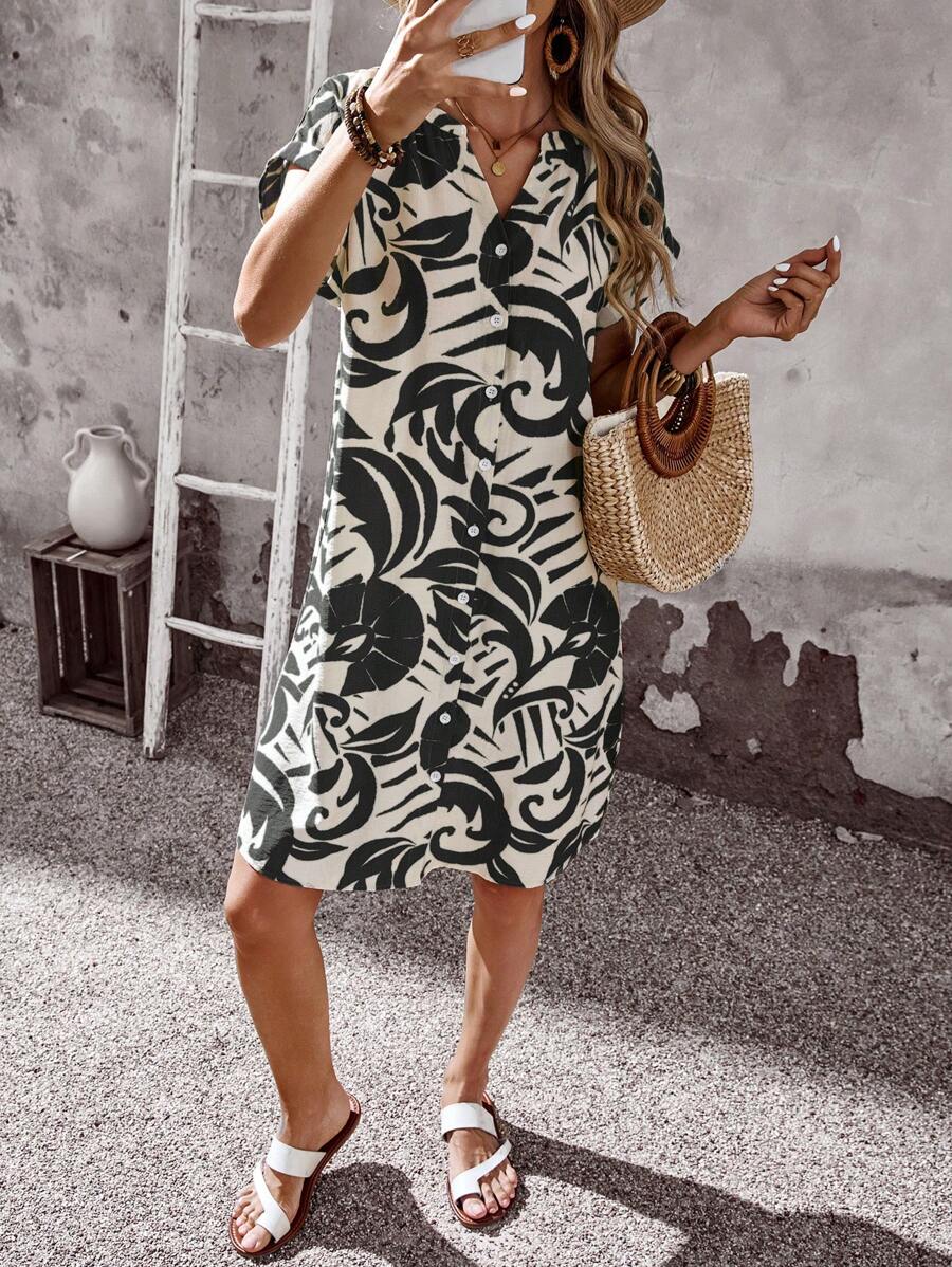 EMERY ROSE Women's Summer Vacation Style Full-Print Notched Collar Single-Breasted Short Dress - Black - View 1