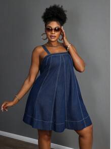 Slaydiva 大码女式夏季休闲牛仔吊带连衣裙，明线设计 - 中等水洗藍 - 查看 5