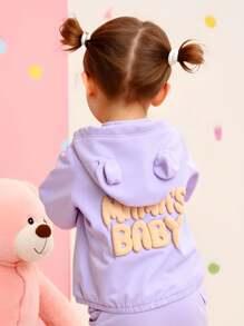 女婴幼儿/新生儿 0-3 岁轻便春夏连帽夹克，可爱标语“妈妈的宝贝”图案，婴儿春夏外套 - 紫色 - 查看 1