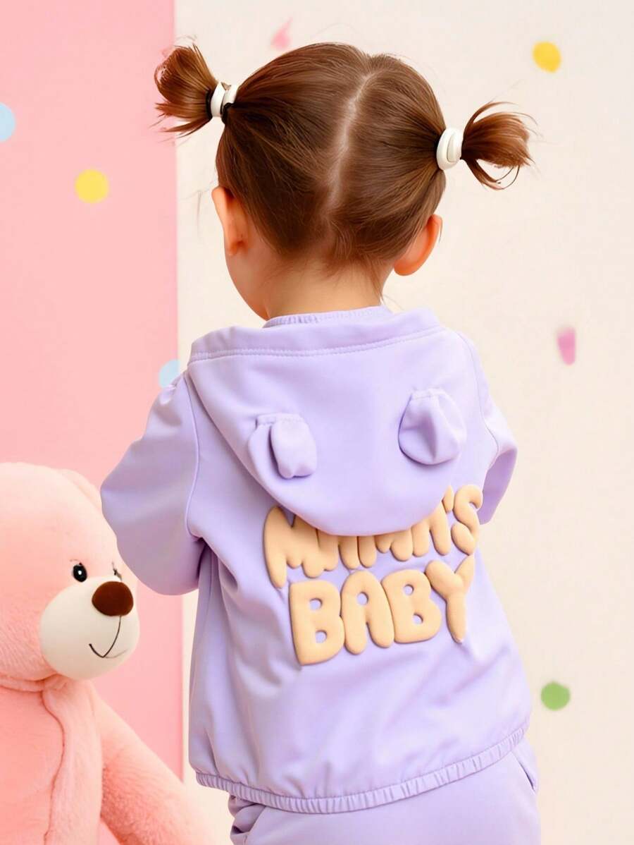 女婴幼儿/新生儿 0-3 岁轻便春夏连帽夹克，可爱标语“妈妈的宝贝”图案，婴儿春夏外套 - 紫色 - 查看 1