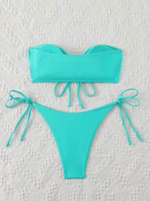 SHEIN Swim Damen Sommer Strand trägerloser ausgeschnittener vorne gebundener sexy grüner Bandeau Bikini-Bekleidungsset, bügellos - Babyblau - Übersicht 2