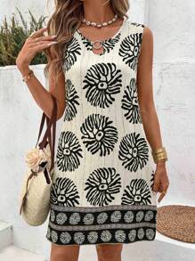SHEIN LUNE Đầm không tay in họa tiết cổ chữ U viền kim loại cho nữ, mùa hè - màu đen - Xem 3