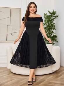 Modelyn Plus Size Elegant Solid Color Knit Lace Patchwork Off Shoulder Ruched A-Line Black Dress, Spring/Summer - Black - View 4