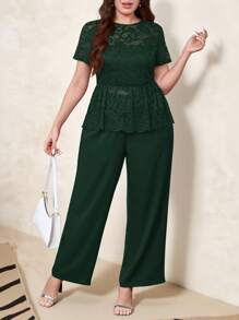 SHEIN Clasi Bộ 2 món cỡ lớn cho nữ: Áo ren tay ngắn & Quần ống rộng, Trang phục Valentine thanh lịch - Màu xanh lá cây đậm - Xem 5