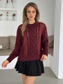 EURMUSE Damtröja med rund hals och långärmad design, lös passform och ihålig passform - Bourgogne - Visa 3