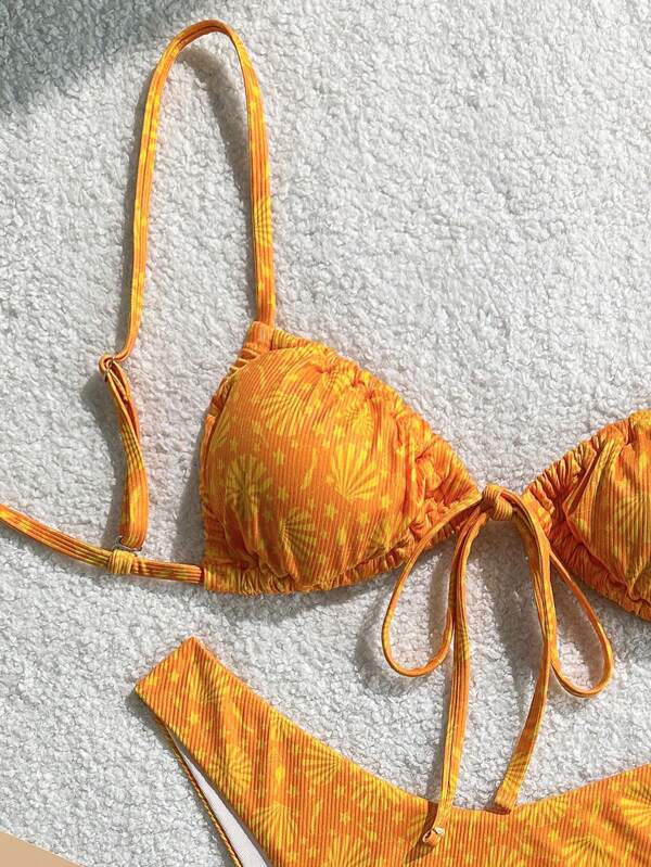 Swim Mod 2 Pieces Ribbed Textured Fabric Spaghetti Strap Tie Front Ruched Triangle Bra And High Cut Bottoms Sexy Bikini Set, Summer Holiday