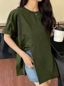 DAZY 女士圆领宽松休闲开叉短袖T恤，夏季 - 軍綠色 - 查看 4