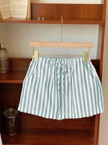 Comfortcana Plus Size Spring/Summer Drawstring Pocket Striped Casual Shorts Striped Shorts - Green - View 3
