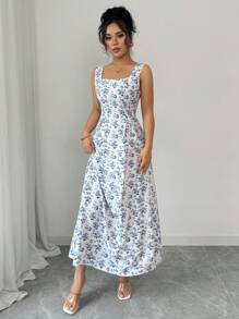 Rafferiza Square Neck Sleeveless Pastoral Style Long Women's Dress Female Beach Wear Women's Casual Dress