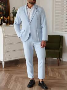 Manfinity Mode Plus Size Men's Single-Button Long Sleeve Blazer And Suit Pants Set - Baby Blue - View 4